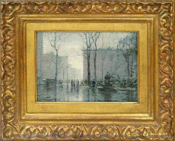 Paul Cornoyer (1864‒1923)
Rainy Day, Madison Square Park, New York City
Oil on panel
5 ¾ x 7 ¾ inches
Signed lower left Paul Cornoyer Rainy Day, Madison Square Park, New York City