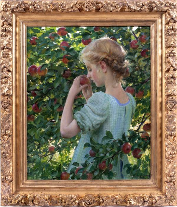 CHARLES COURTNEY CURRAN (1861 - 1942)
Apple Perfume, 1911
Oil on canvas
22 x 18 inches
Signed and dated "CHARLES C. CURRAN·/1911" lower right Titled, signed, and inscribed in pencil on the stretcher CURRAN_Apple_Framed.jpg