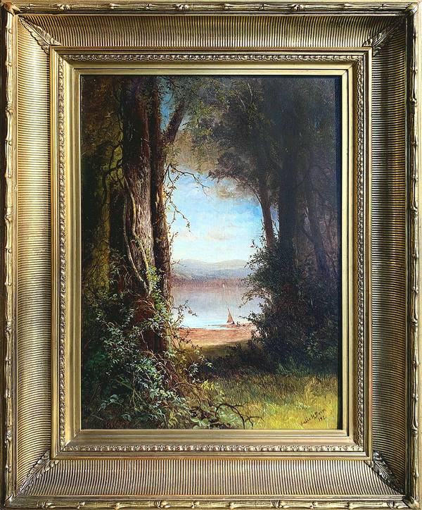 Julie Hart Beers (1835-1913) Glimpse of the Hudson River Oil on canvas 20 x 14 inches Signed and dated 1880, lower right Julie Hart Beers Glimpse of the Hudson River