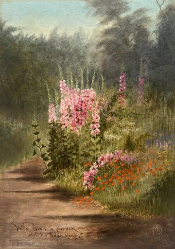 Marion "Minnie" Robertson Beers Brush Hollyhocks along a Garden Path