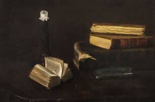 Claude Raguet Hirst Still-Life of Books, a Candlestick and Glasses Cropped