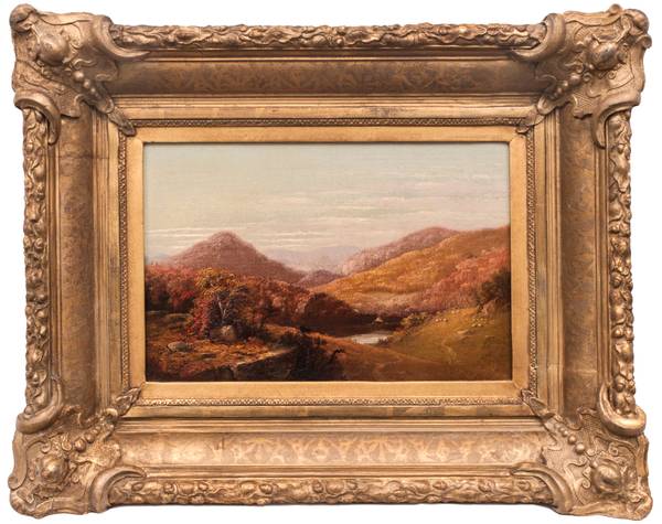 John Williamson (1826-1885)
Catskill Clove, 1858
Oil on canvas
9 x 14 inches
Signed lower left
Signed again, dated 1858 and inscribed with location, verso John Williamson Catskill Clove Framed