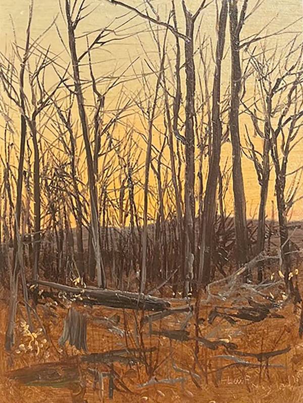 Lockwood DeForest (1850-1932) Dusk Forest Scene, Catskills Oil on artist’s card stock 9 ½ x 7 inches Signed and dated May 13, 1875 Lockwood DeForest Dusk Forest Scene, Catskills
