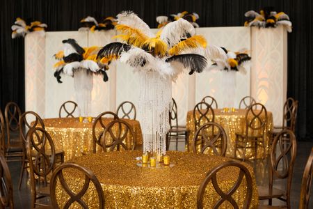Gatsby, Roaring 1920's party theme with gold, black, and feathers Gatsby, Roaring 1920's party theme with gold, black, and feathers