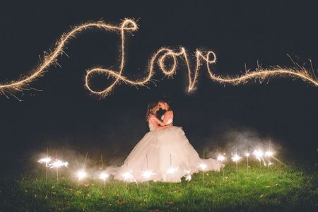 Lesbian wedding, bridal portraits with fireworks