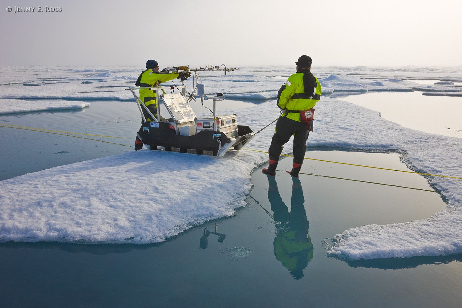 Norwegian Polar Institute geophysicists Dr. Mats Granskog and Dr. Stephen Hudson use several scientific devices mounted on a portable sled to make measurements relating to the absorption and reflection of solar energy by various forms of Arctic sea ice. The scientists collected data during transects across a large floe of sea ice in the Arctic Ocean as part of NPI's 2012 "ICE" (Ice, Climate, and Ecosystems) expedition. The areas of water in the photograph are shallow melt ponds of varying depth on the surface of the ice floe. The NPI ship RV Lance was attached securely to this particular floe of ice, and the vessel moved with the floe as the ice floated freely in the ocean, for the duration of various on-ice research activities in July-August 2012. Scientific research on arctic sea ice, central polar basin, Arctic Ocean