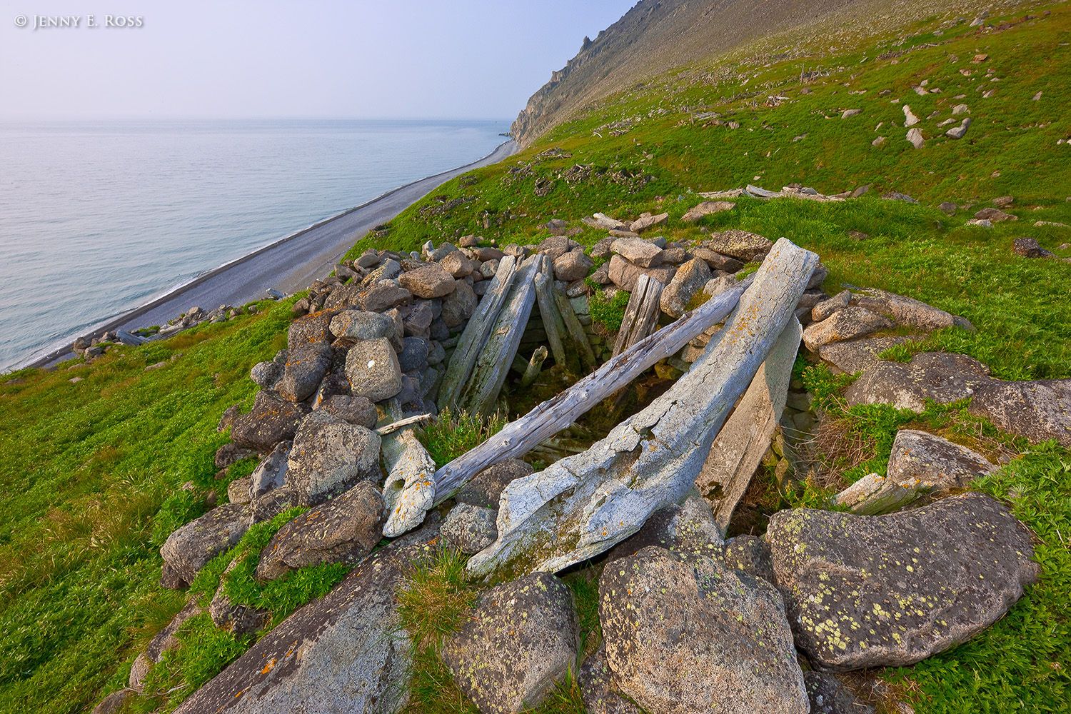 Food cache at ancient Chukchi village site, Cape Dezhnev, Chukotka, Bering Straight, Russia