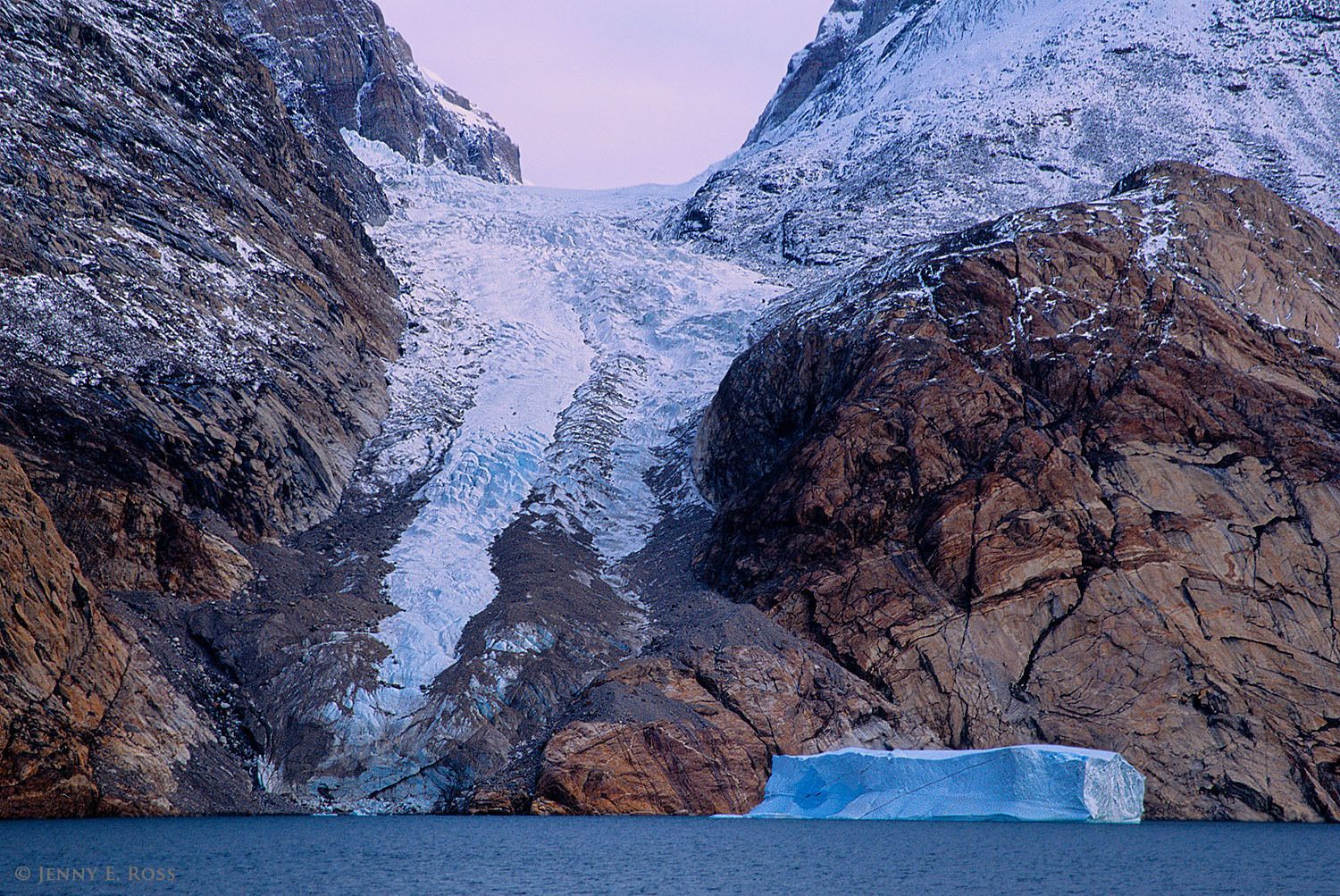 Receding glacier and tabular iceberg, Ofjord, Scoresby Sund, East Greenland.