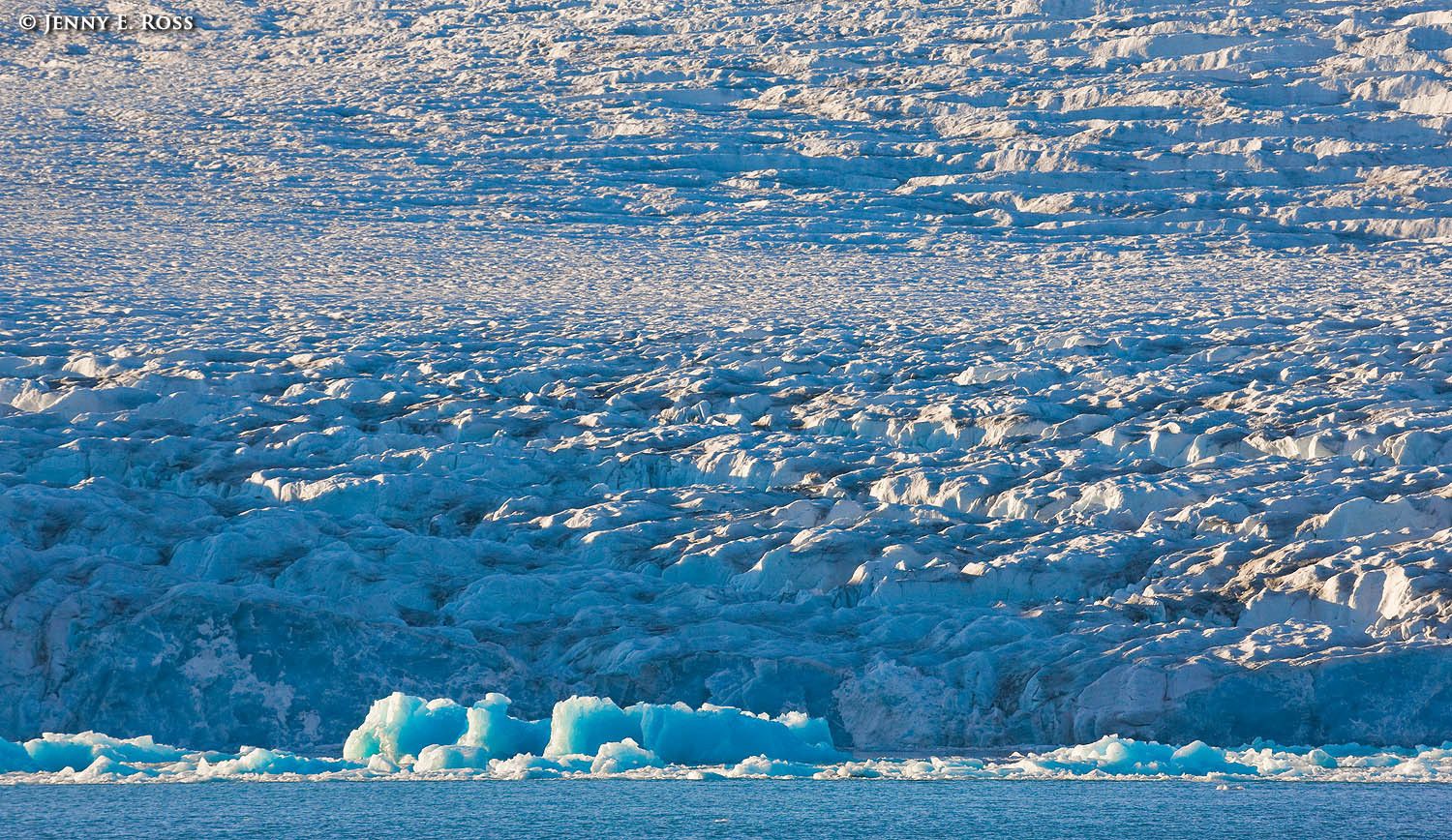 Disintegrating chunks of ice at the calving front of Lilliehookbreen (Lilliehook Glacier)  in Lilliehook Fjorden on Spitsbergen in the Svalbard Archipelago, Norway.