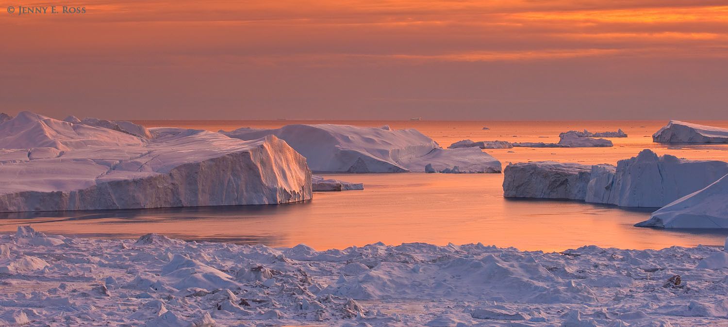 Huge melting icebergs at Isfjeldbanken (the Iceberg Bank), Ilulissat Icefjord, Disko Bay, West Greenland.