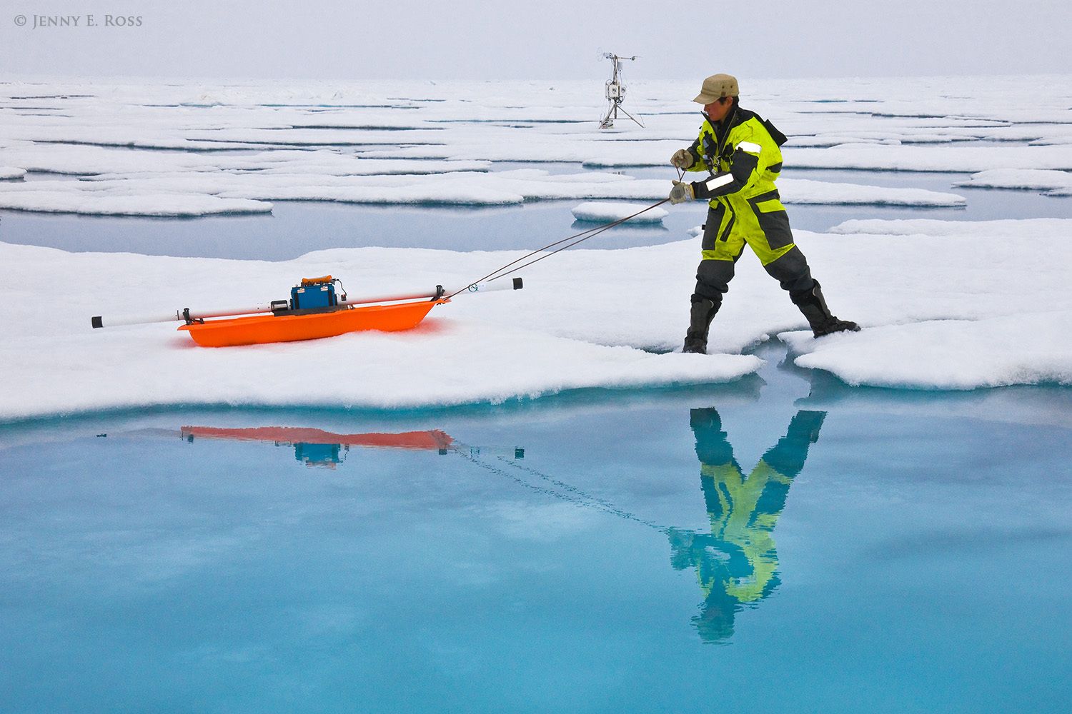 During a research expedition in the Arctic Ocean, Norwegian Polar Institute scientist Dr. Angelika Renner, a physical oceanographer and sea ice physicist, uses an electromagnetic instrument to collect data that will be used to calculate the thickness of the sea ice. The device is an EM-31, a ground-based version of the airborne EM-Bird instrument. This work was conducted on a large floe of melting summer sea ice in the Arctic Ocean as part of NPI's 2012 "ICE" (Ice, Climate, and Ecosystems) expedition in July-August 2012. The NPI research ship "RV Lance" was attached securely to this particular floe of ice, and the vessel moved with the floe as the ice floated freely in the ocean, for the duration of various on-ice research activities in July-August 2012. The areas of water in the photograph are shallow melt ponds of varying depth on the surface of the ice floe. The equipment in the background is a portable automatic weather station, deployed to collect data throughout the expedition. Norwegian Polar Institute research on sea ice in Arctic Ocean