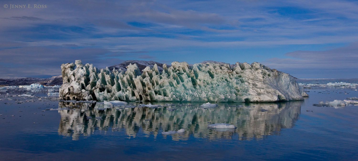 A melting iceberg with an unusual pitted structure floats near the calving front of the Kangilerngata Sermia Glacier in West Greenland.
