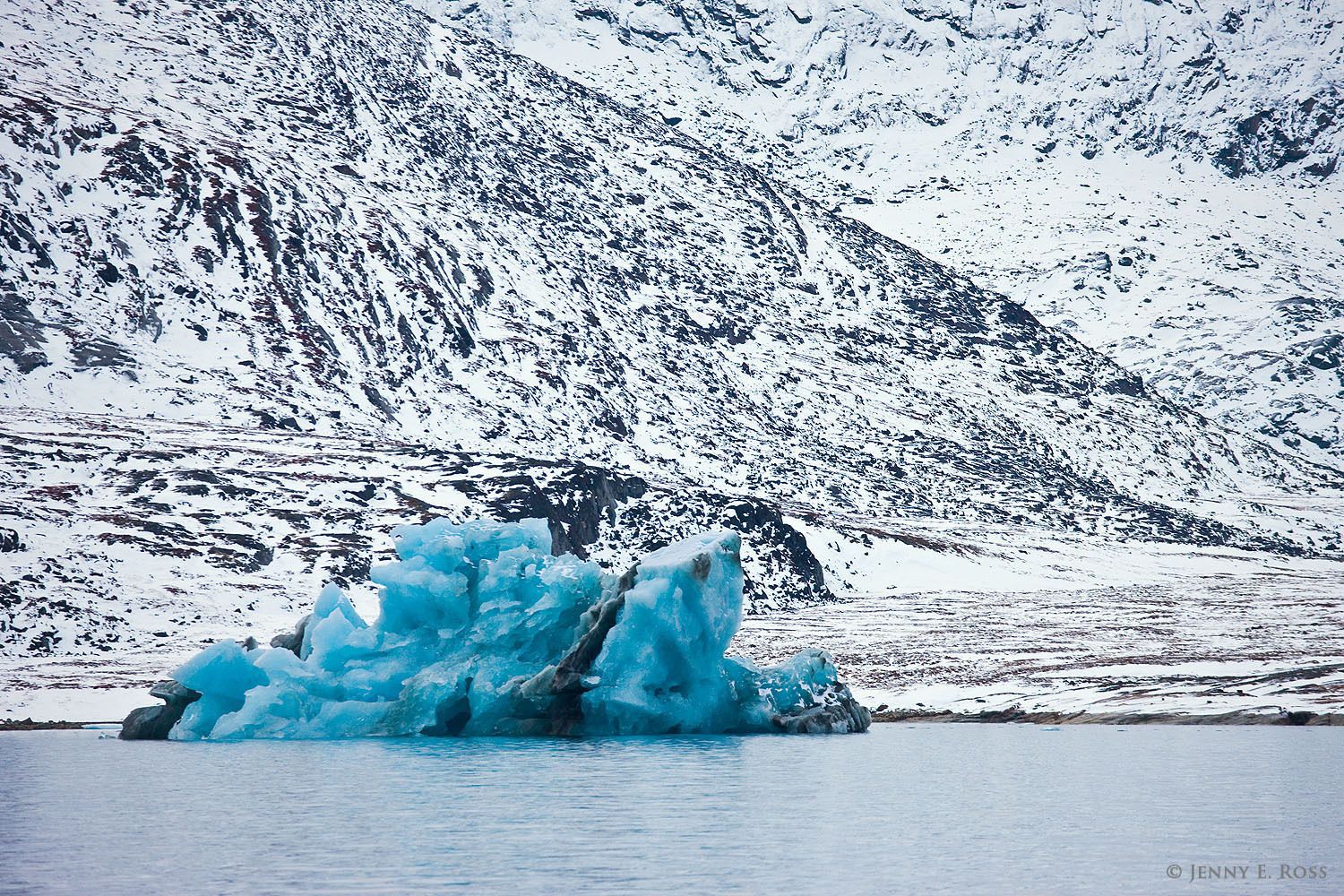 Intensely blue iceberg and shoreline hills dusted with snow near Kangilerngata Sermia Glacier, West Greenland.