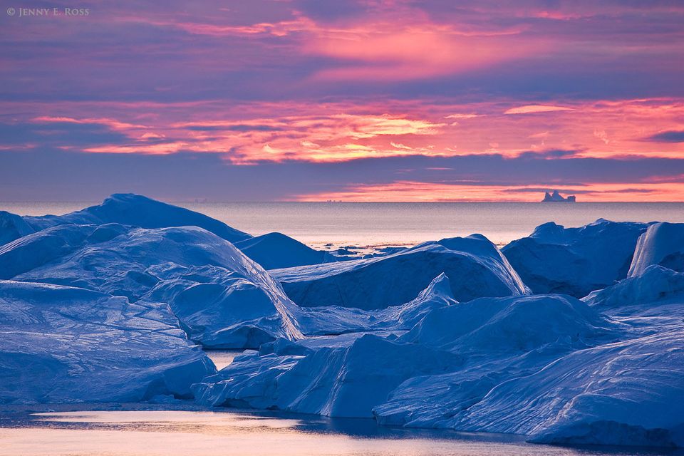 Immense melting icebergs at Isfjeldbanken (the Iceberg Bank), Ilulissat Icefjord, Disko Bay, West Greenland.