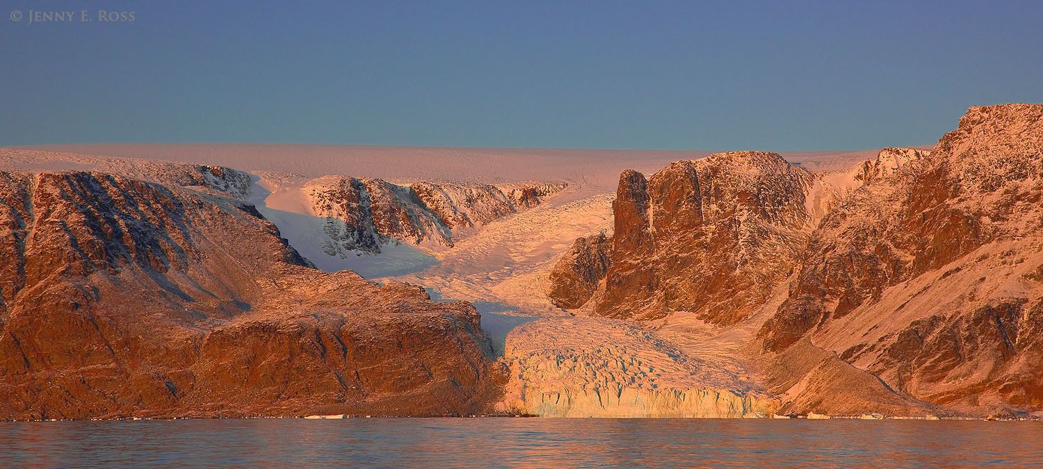 At the edge of the Greenland Ice Sheet, a small tidewater glacier funnels ice into the sea in Smith Sund near Ullersuaq (Kap Alexander), northern Baffin Bay, Northwest Greenland.