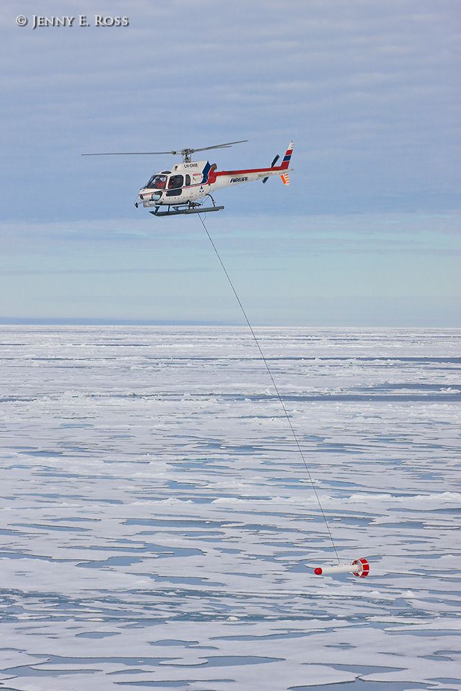 During a research expedition n the Arctic Ocean, Norwegian Polar Institute scientists assess sea ice thickness using an airborne instrument called the EM-Bird, a large torpedo-shaped scientific devicethat hangs from a helicopter. As the helicopter flies transects above the sea ice, the electromagnetic and laser sensors in the EM-Bird collect data that can then used to calculate the thickness of the ice. This work was conducted near 82.5-degrees North / 21-degrees East as part of NPI's 2012 "ICE" (Ice, Climate, and Ecosystems) expedition in July-August 2012. Scientific research on arctic sea ice, central polar basin, Arctic Ocean