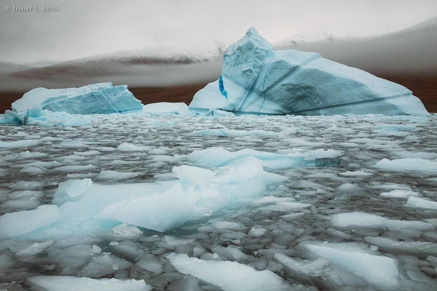 Disintegrating icebergs near Gerard de Geer Glacier in Isfjord, within the Kejser Franz Joseph Fjord system, Northeast Greenland National Park, Greenland.