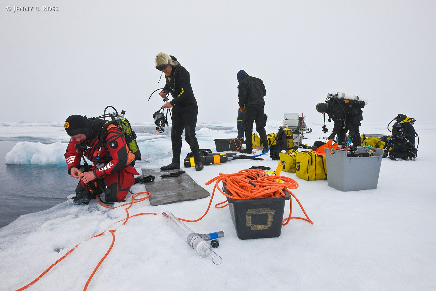 Norwegian Polar Institute scientific divers prepare for research activities on a large floe of sea ice in the Arctic Ocean during NPI's 2012 "ICE" (Ice, Climate, Ecosystems) expedition in July-August 2012. Scientific research on arctic sea ice, central polar basin, Arctic Ocean