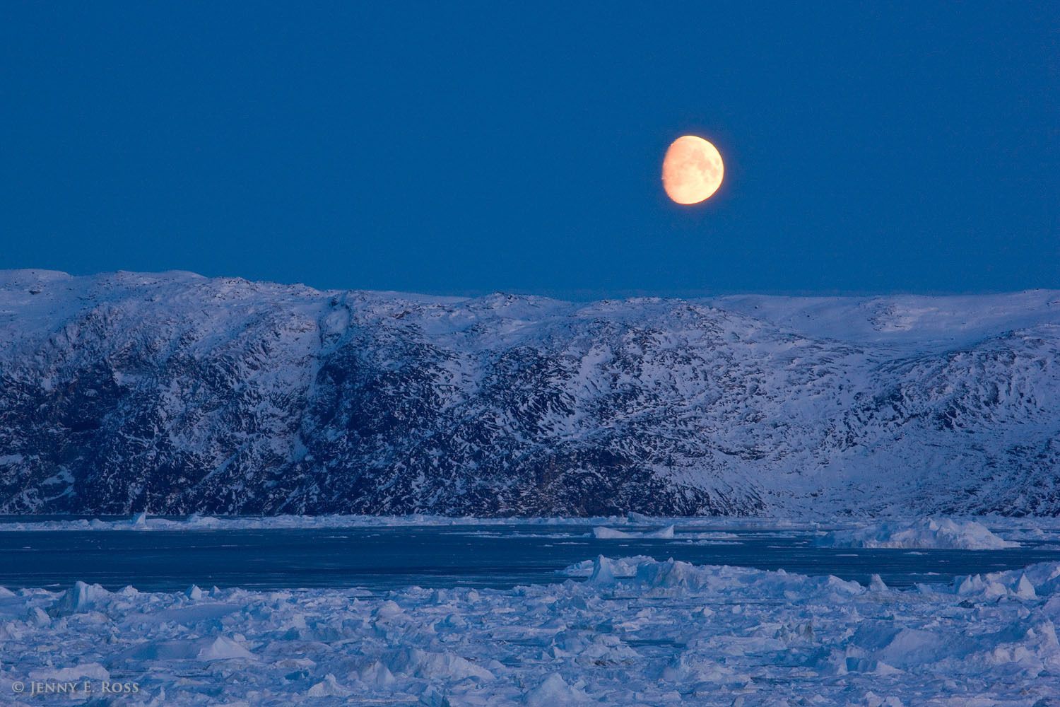 Moonrise at Ilulissat Icefjord (also known as Ilulissat Kangerlua or Kangia) in West Greenland.