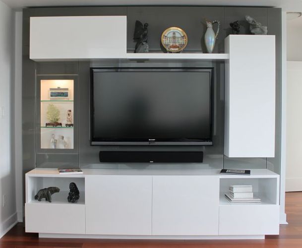 BACK PAINTED GLASS & AUTOMOTIVE WALL UNIT Project# 941Back Painted GlassHigh Gloss Automotive FinishInset Glass Light Box Display