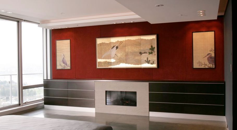 BEDROOM WALL UNIT Project# 533Quarter Cut WalnutUpholstered WallsBrushed Metal Details