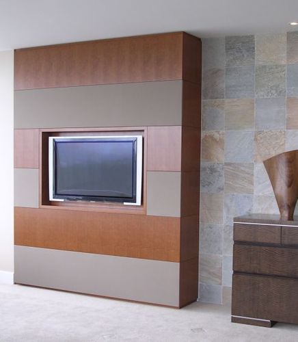 MEDIA UNIT Project# 478Quarter Cut CherryUpholstered Doors