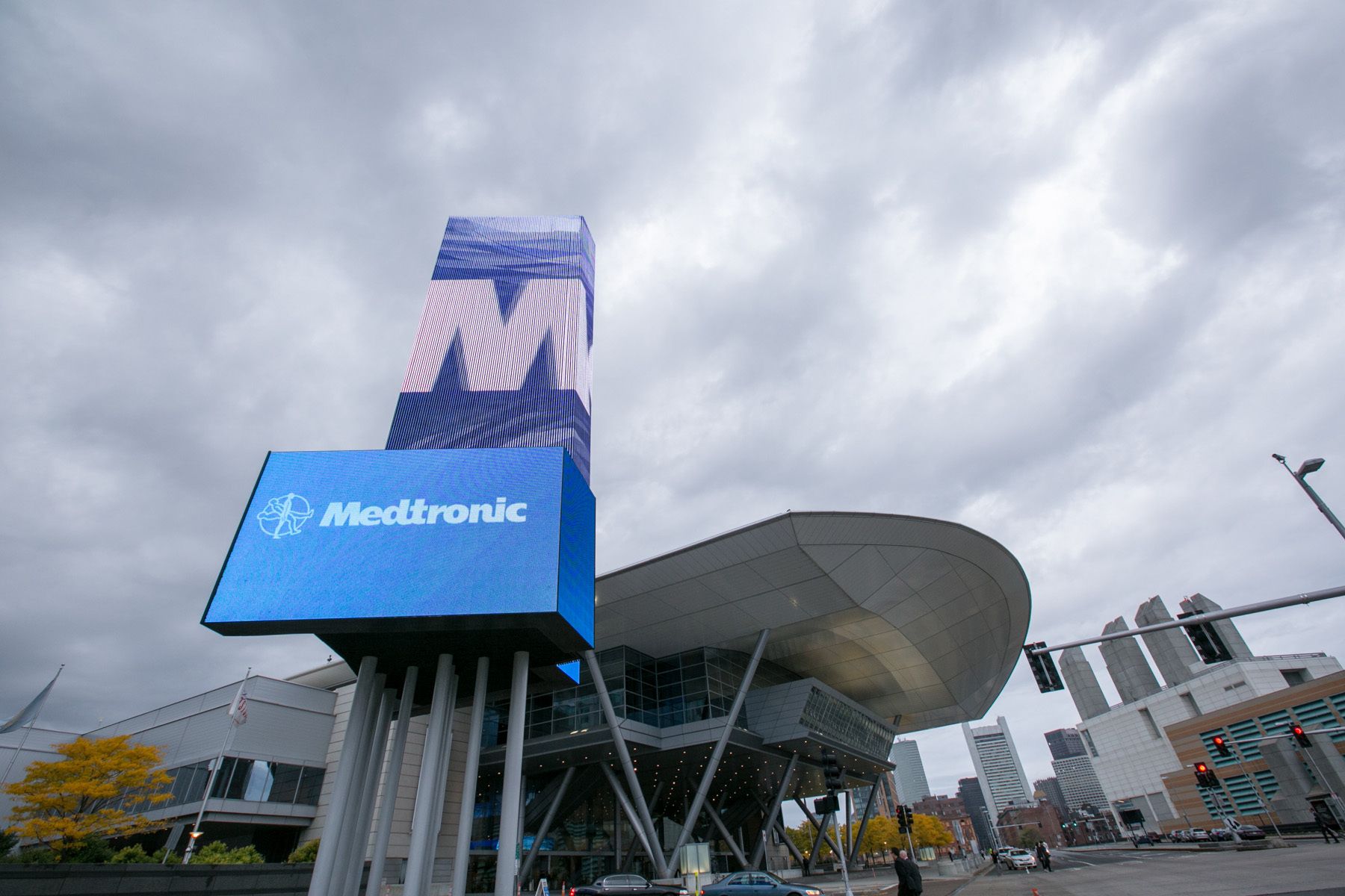 Medtronic sign outside of CNS 2014 in Boston