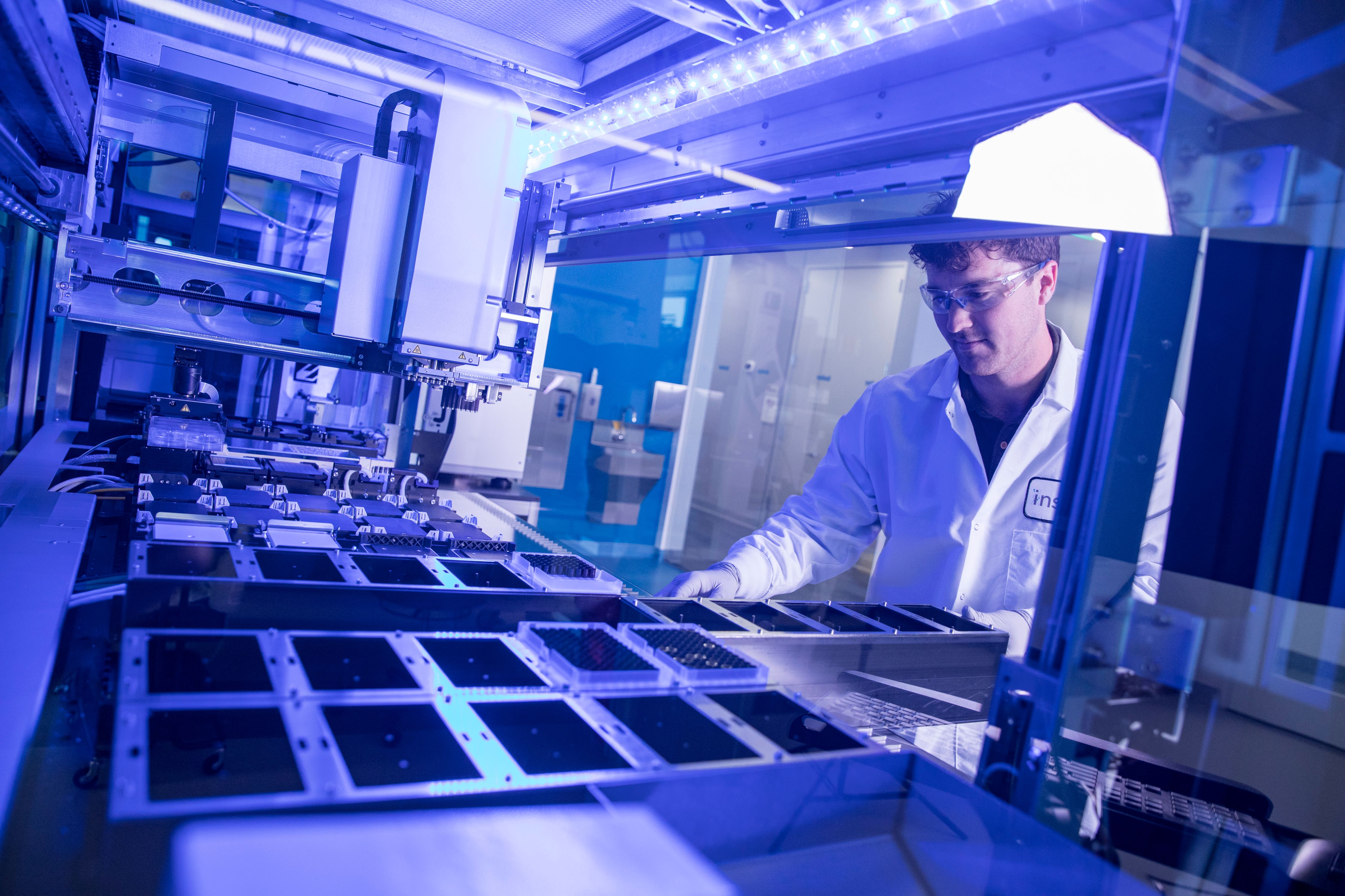 Blue light surrounds lab equipment