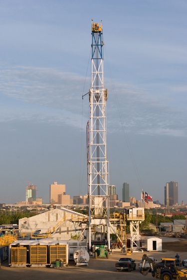 An oil rig east of downtown Fort Worth