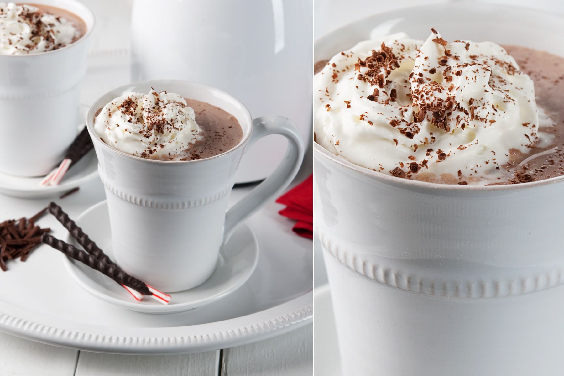 hot chocolate with peppermint stir sticks and chocolate shavings