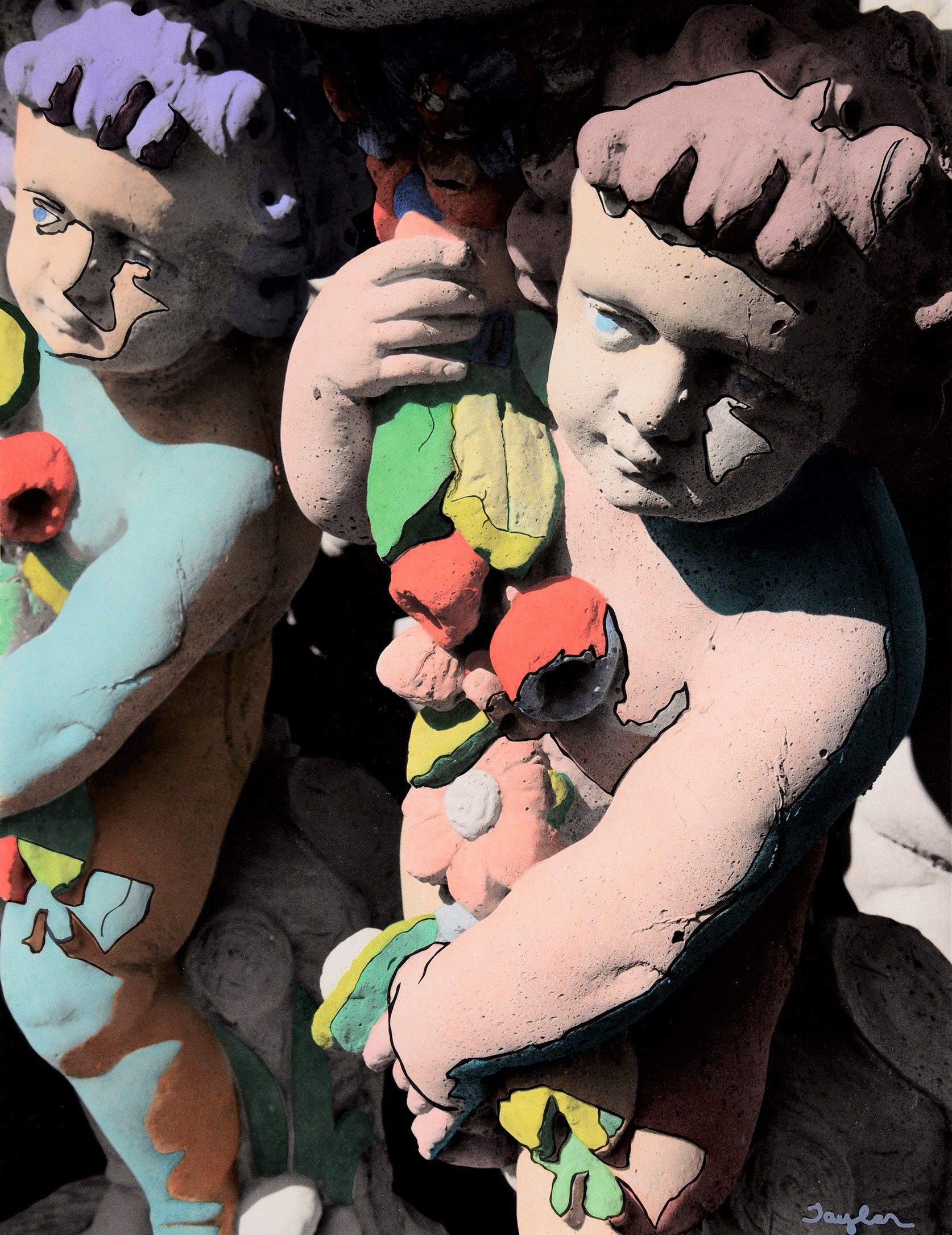 Painted B&W Silver Print 18.5 x 14.25" Cherubs #1