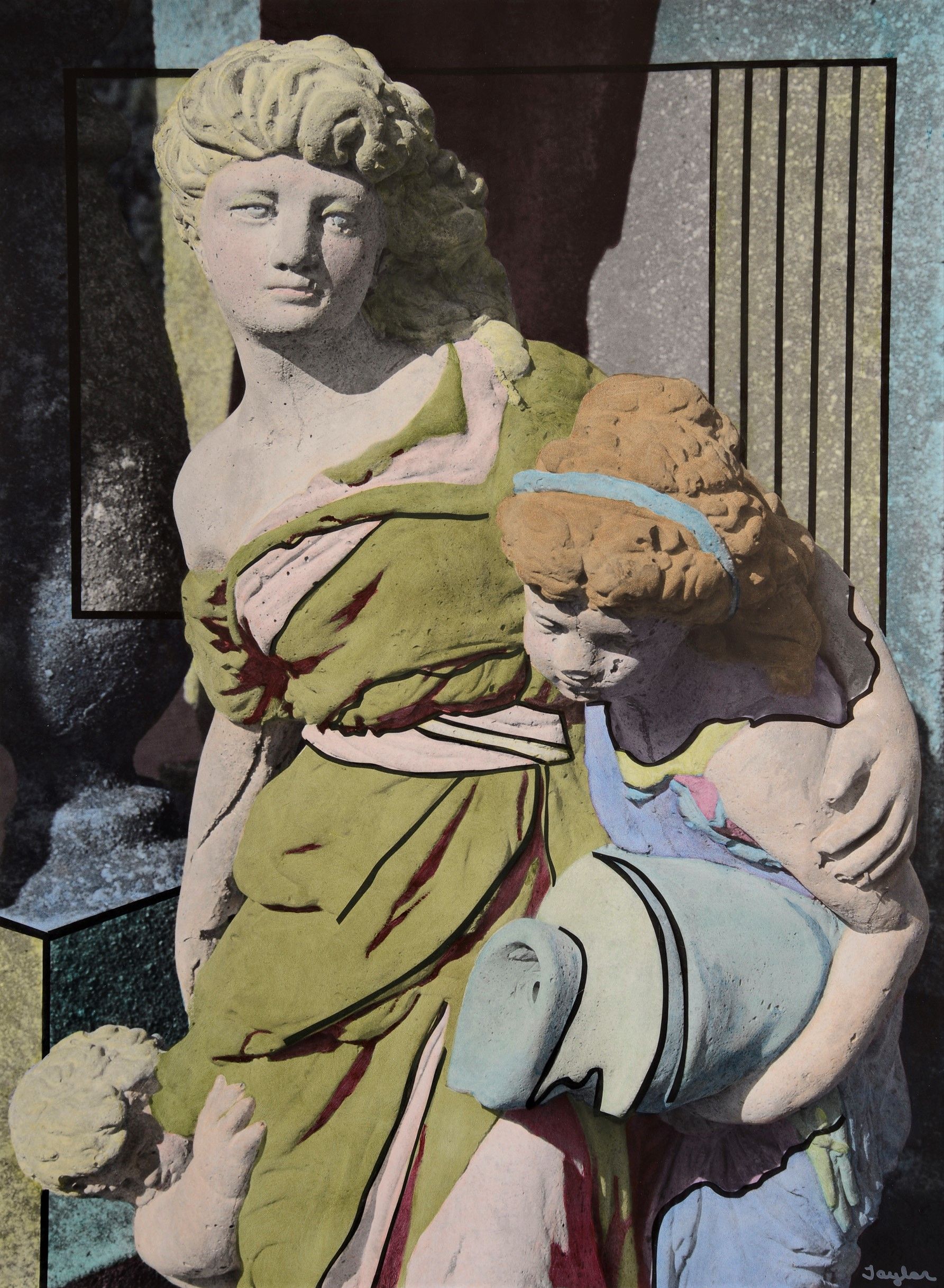 Painted B&W Silver Print 18.75" x 13.75" Woman, Cherub, and Child #5