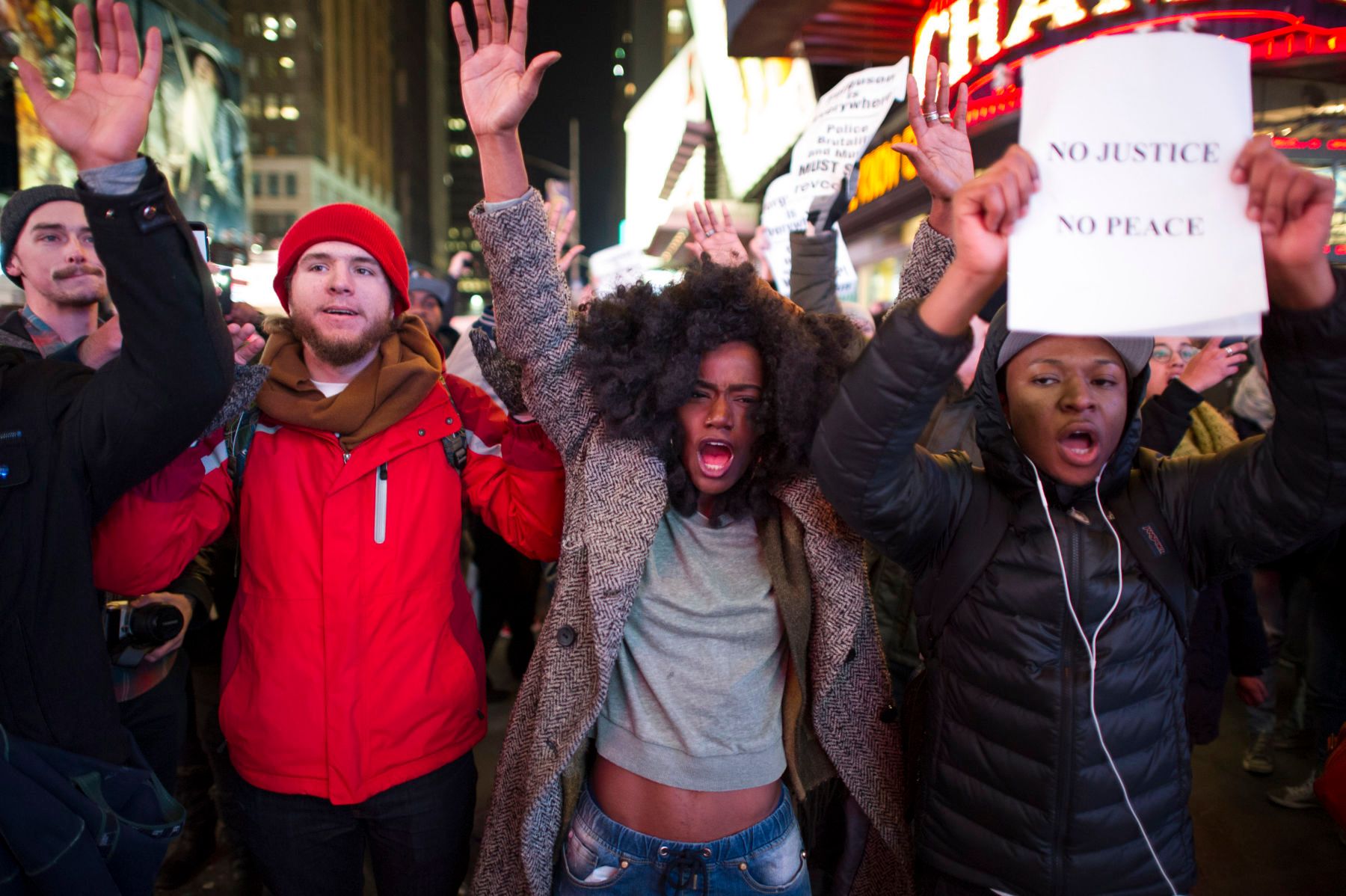 12/04/2014: Protesters marched up 7th ave towards Times Square chanting, "Justice for Eric Garner!" and, "No justice, no peace." By the time they had reached Times Square over a dozen protesters had been arrested. 1timessquareprotest4