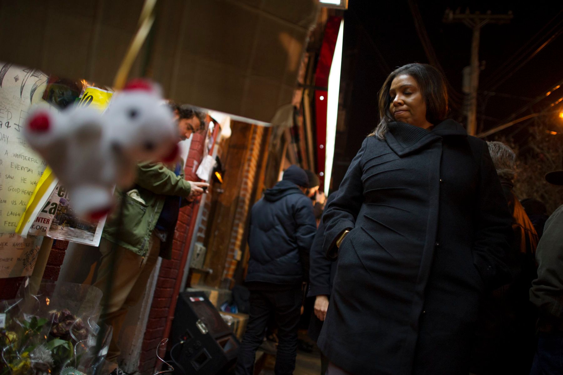 12/03/2014: New York City Public Advocate, Letitia A. "Tish" James paid her respects at Eric Garners memorial on Bay Ave in Staten Island after giving a speach in reaction to the Grand Jury's decision not to indict the Poilce Officer who killed Mr. Garner with an illegal chokehold. 1gjv_3392