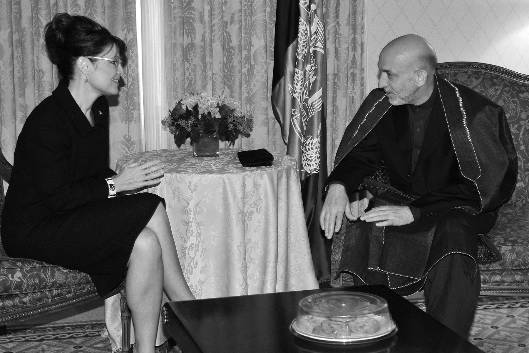 former republican VP nominee SARAH PALIN meets AHMAD KARZAI, president of Afghanistan