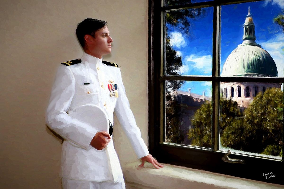 This is a painting of a Naval Academy officer waiting to get married at The United States Naval Academy. Site was at Mahan Hall at The United States Naval Academy. Naval Academy Wedding Groom.jpg