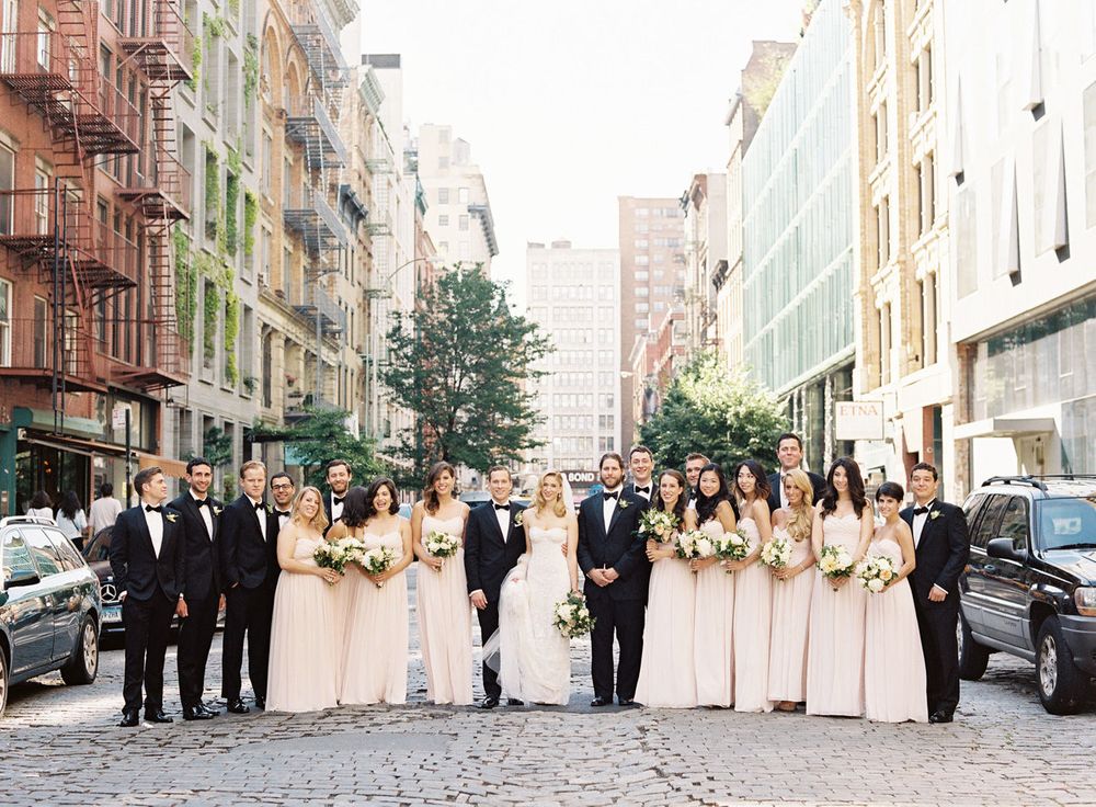 Bridal party in NYC on a cobble stone street
