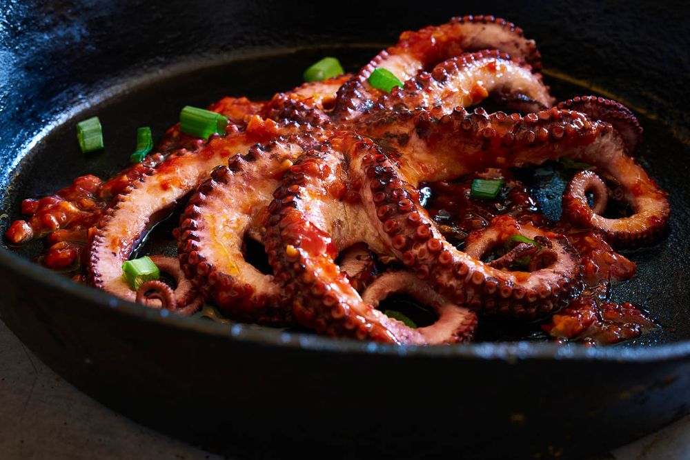 Roasted octopus in a pan