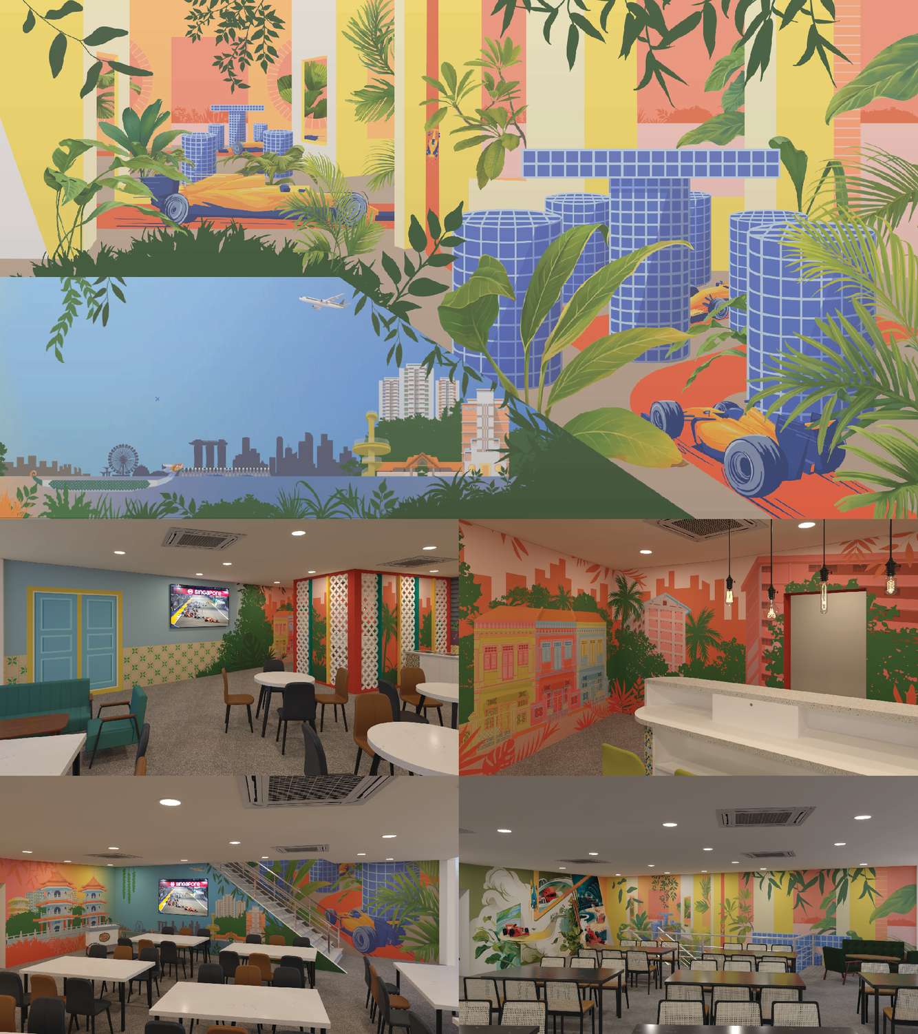 Illustration for F1 Singapore Grand Prix 2023 Singapore Sky Suite, featuring a collaboration with Priscilla Tey, 2023 F1 Singapore Grand Prix 2023 Singapore Sky Suite Mural