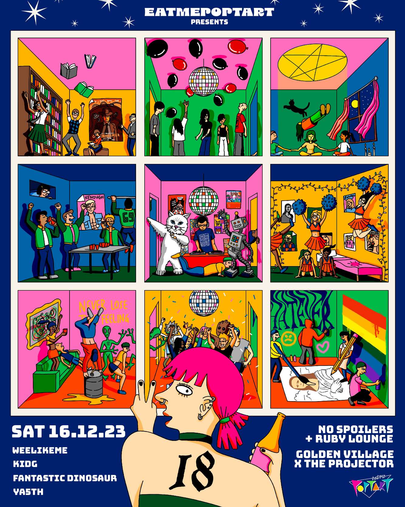 Illustration and design for Eatmepoptart's 18th anniversary party, Golden Village X The Projector, 16 December 2023 Eatmepoptart 18th anniversary party