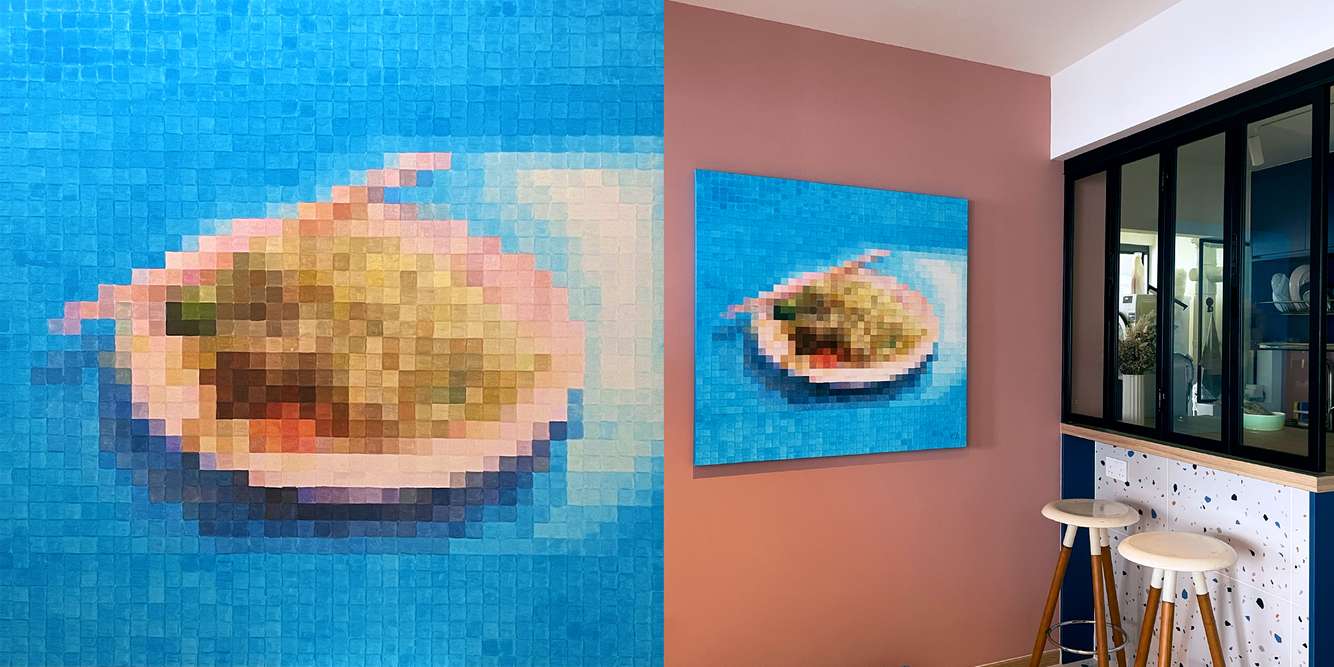 Acrylic painting on canvas, 40 x 40 inches, private commission, 2023 I Love (Beach Road Hokkien) Mee