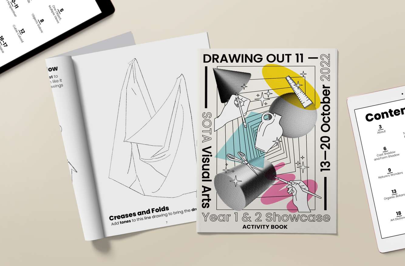 Design and layout for SOTA's art exhibition activity booklet, 2022 Drawing Out 11: SOTA Year 1 & 2 Visual Arts Showcase