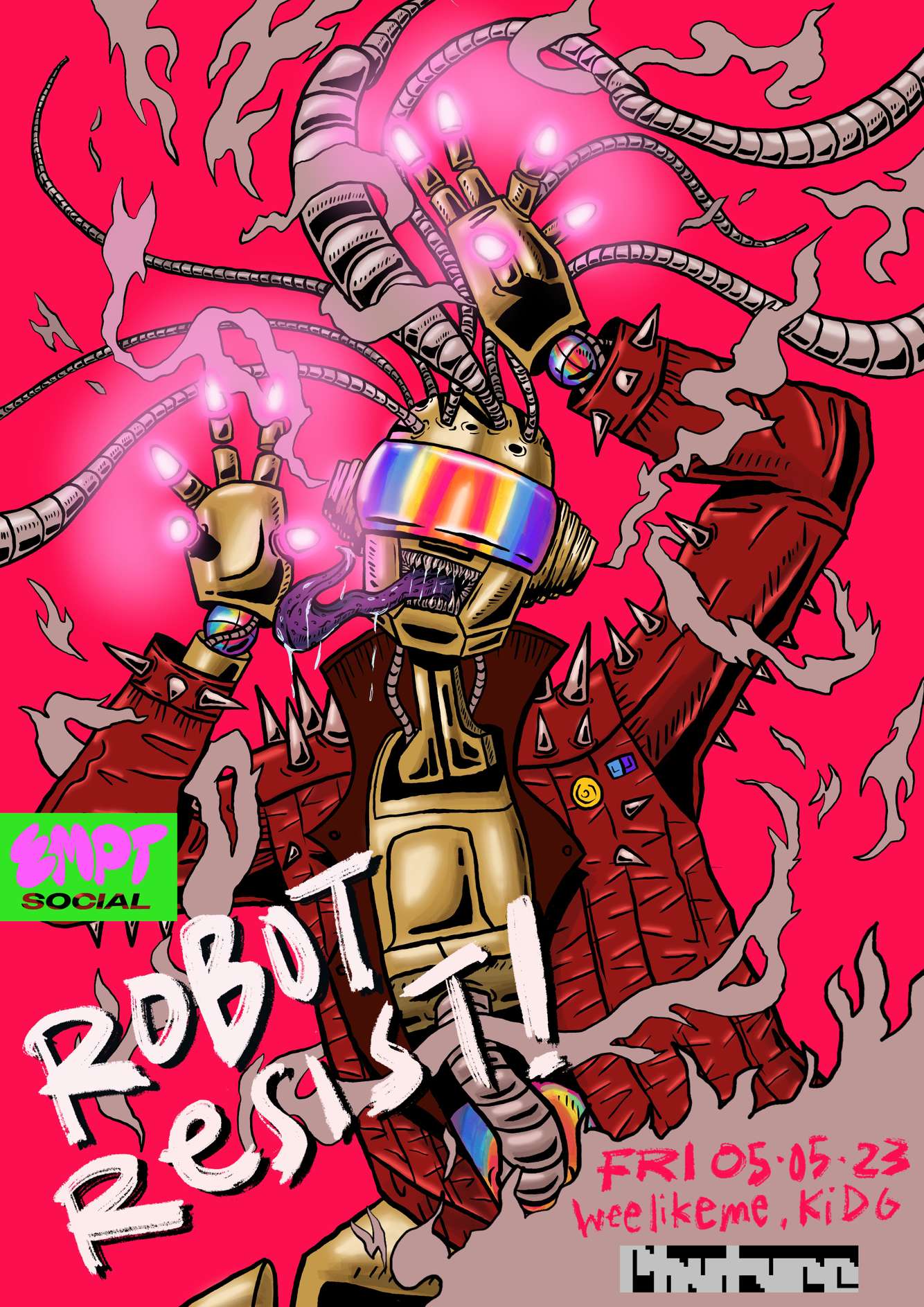 Illustration and design for EMPT Social's event at Phuture, 5 May 2023 EMPT Social: Robot Resist