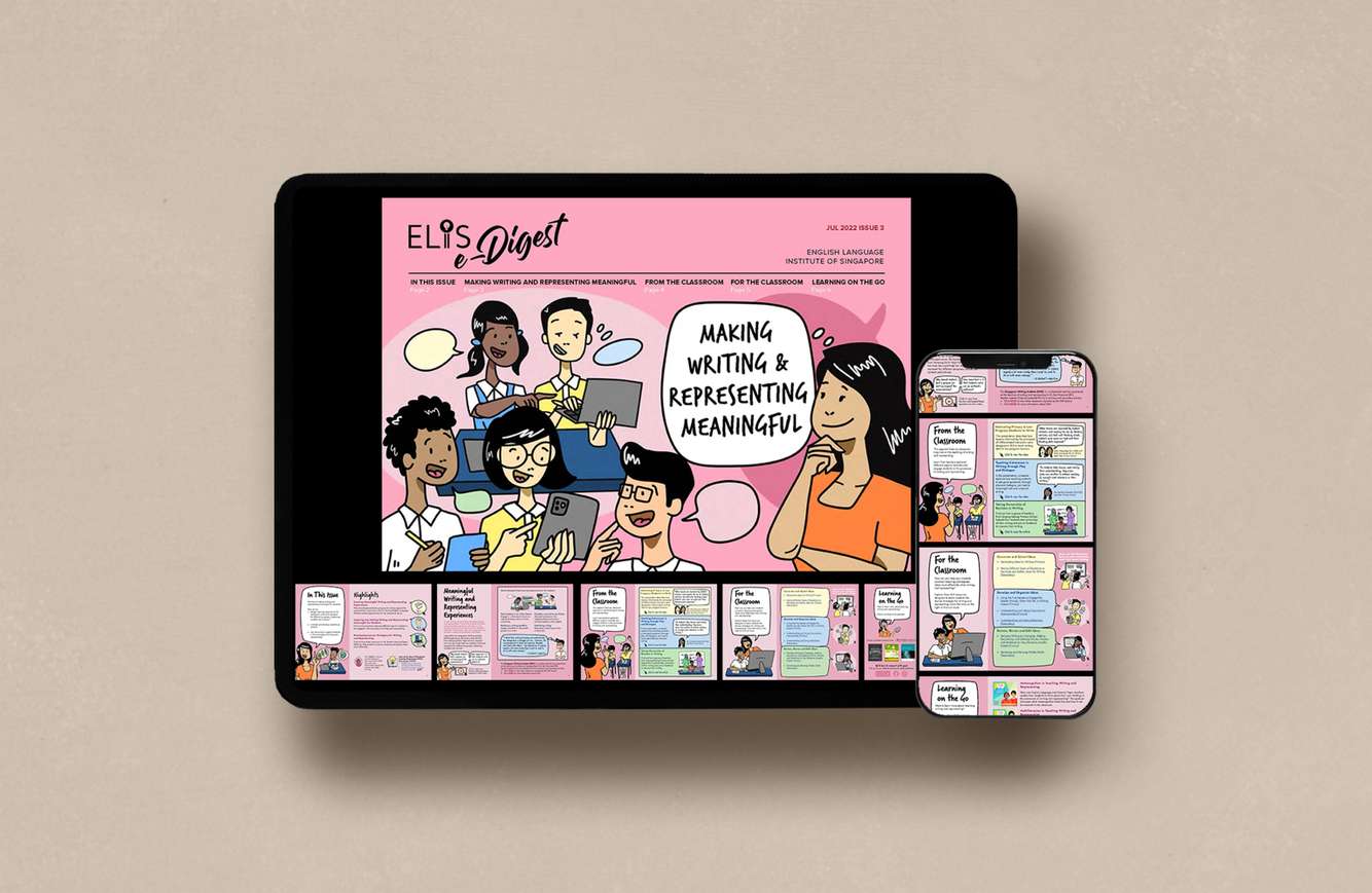 Illustration and layout design for ELIS e-Digest July 2022 edition with interactive elements ELIS e-Digest: Making Writing and Representing Meaningful