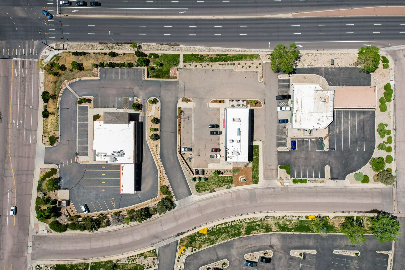 Entire commercial properties can be captured by using drones A drone overhead view of commercial property