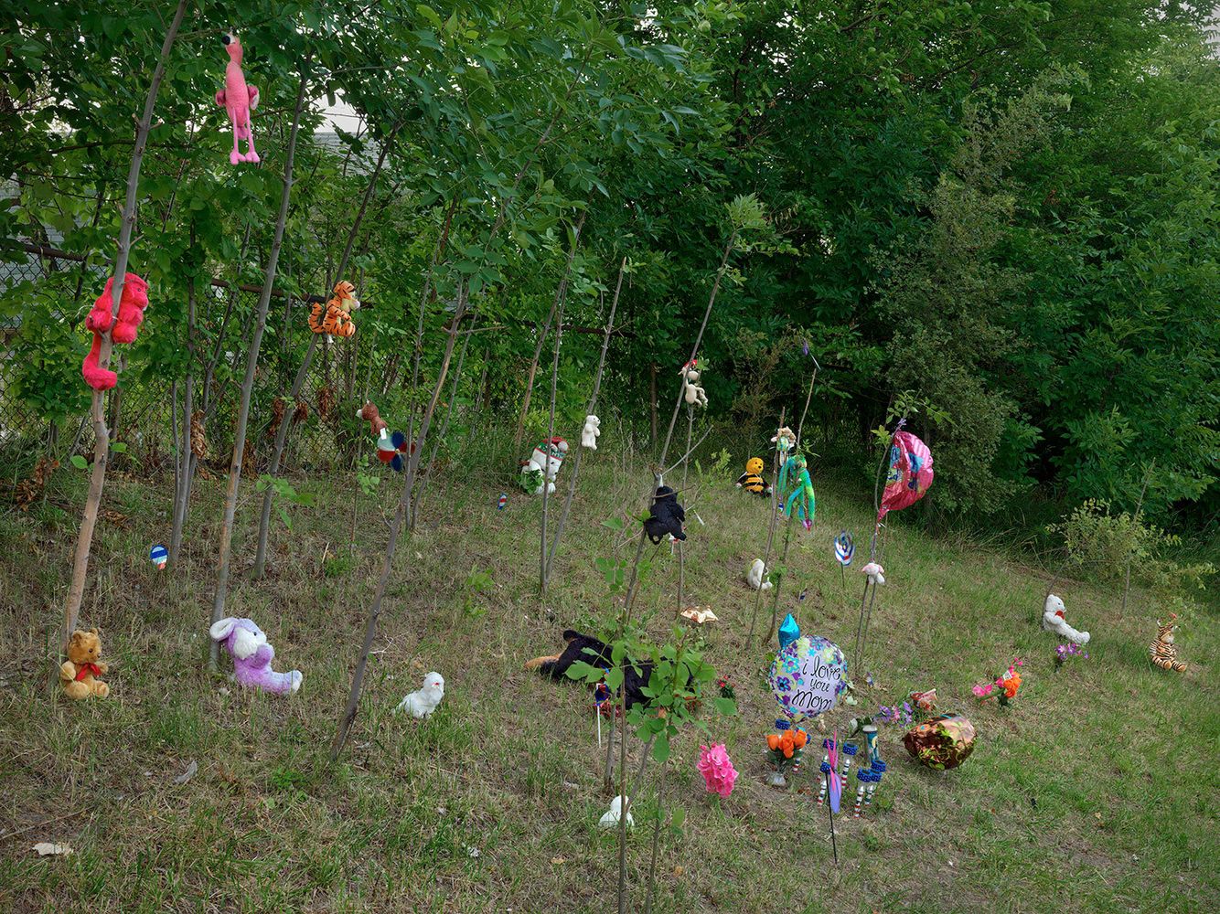 An unusual memorial in that each item is separated and occupies a space of its own. Memorial, Eastside, Detroit 2014