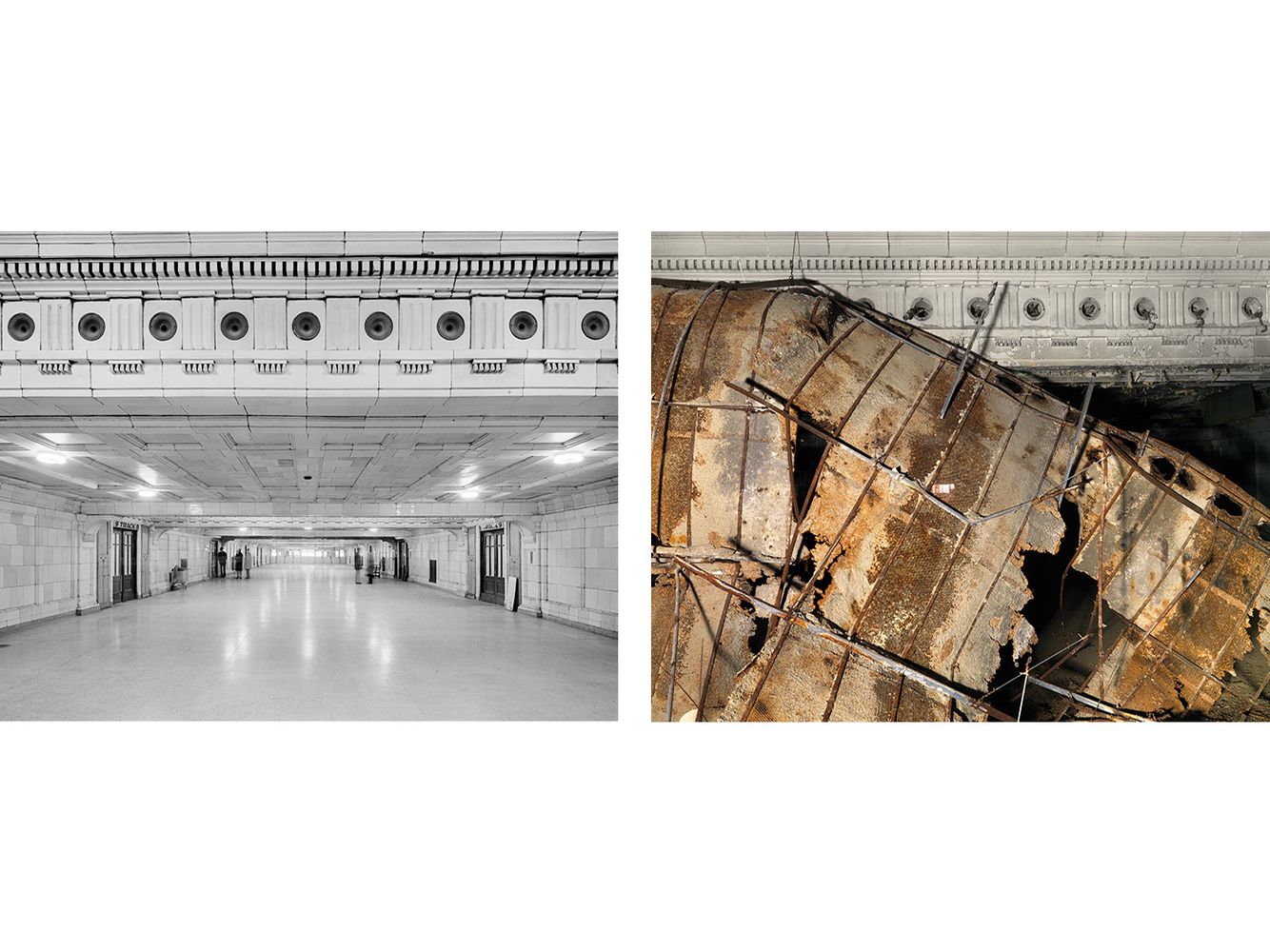 This concourse, located underground below the main track lines, is shuttered in complete darkness. My good friend Keith Emmerich painted the scene with an LED flashlight while I made the exposure. Lower Concourse, Michigan Central RR Station, Detroit 1973-2010