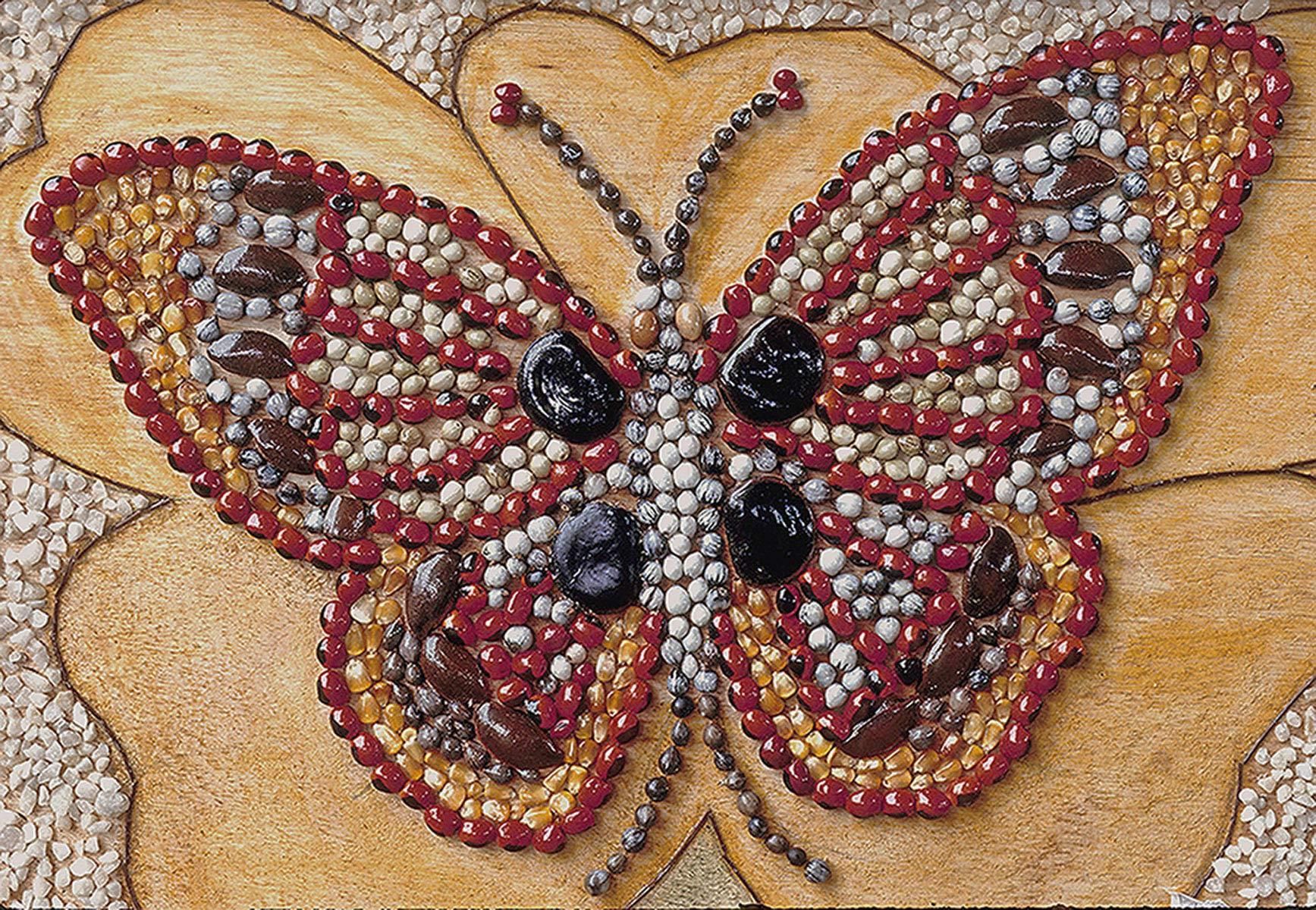 Seed art by an Ecuadorian child inspired by her local rainforest