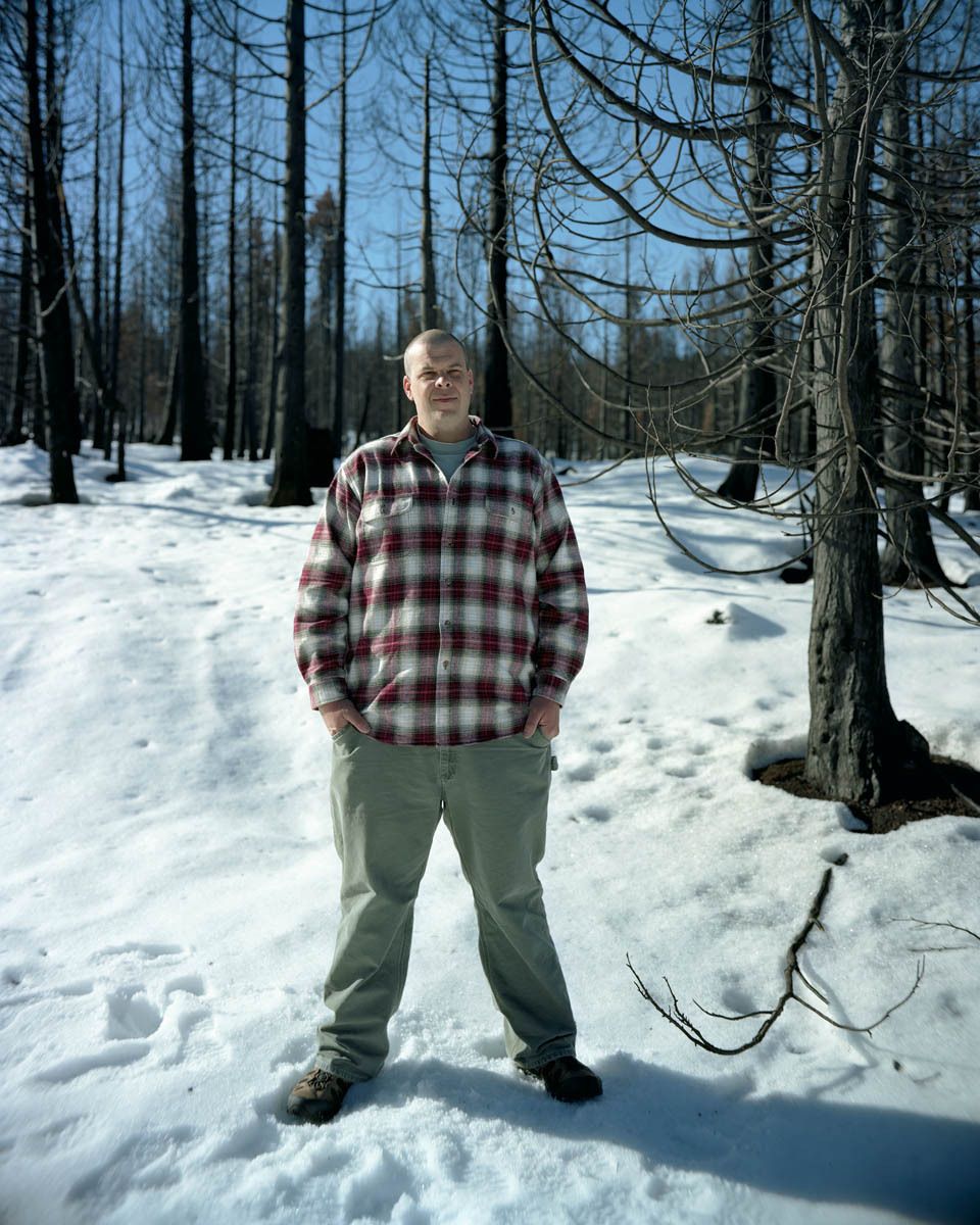 Bill Smith has worked for the Oregon Department of Forestry fighting fires for 17 years.  The community of Butte Falls in southwestern Oregon, where Bill resides, was threatened by the blaze, but the firefighters were able to contain the burn area to the higher elevations of timber that descend upon the town. Bill Smith, Wildland Firefighter, Site of 2008 Double Day Fire, Oregon-4 Months Later