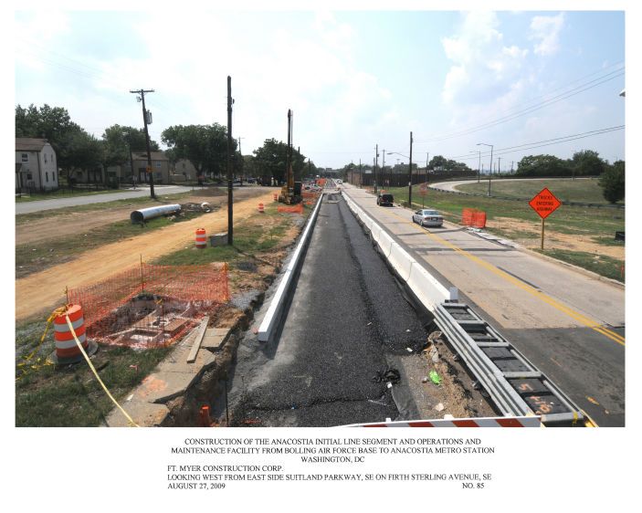 Installation of light rail track - Anacostia Initial Line Segment, looking west from Suitland Parkway.